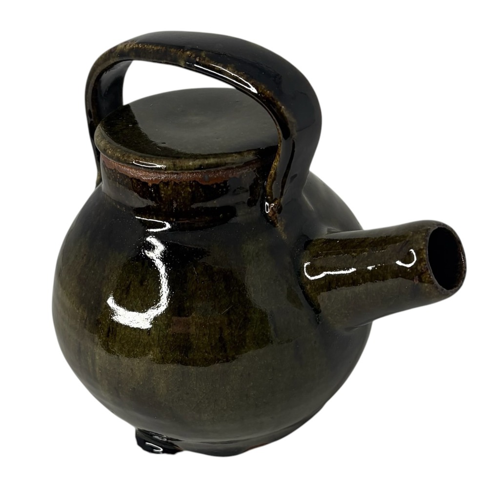 Vintage Signed Studio Pottery Stoneware Teapot‎ Olive Green Mingei Style USA